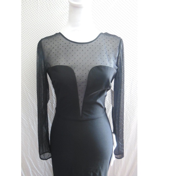 NEW DRESS THE POPULATION Black VAL Rhinestone ILLUSION MESH L/S Mermaid GOWN XS - Picture 6 of 13
